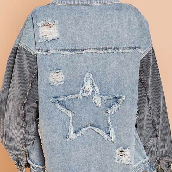 DENIM Distressed Jacket with Corduroy Sleeves Oversized Fit - Picture 10 of 16